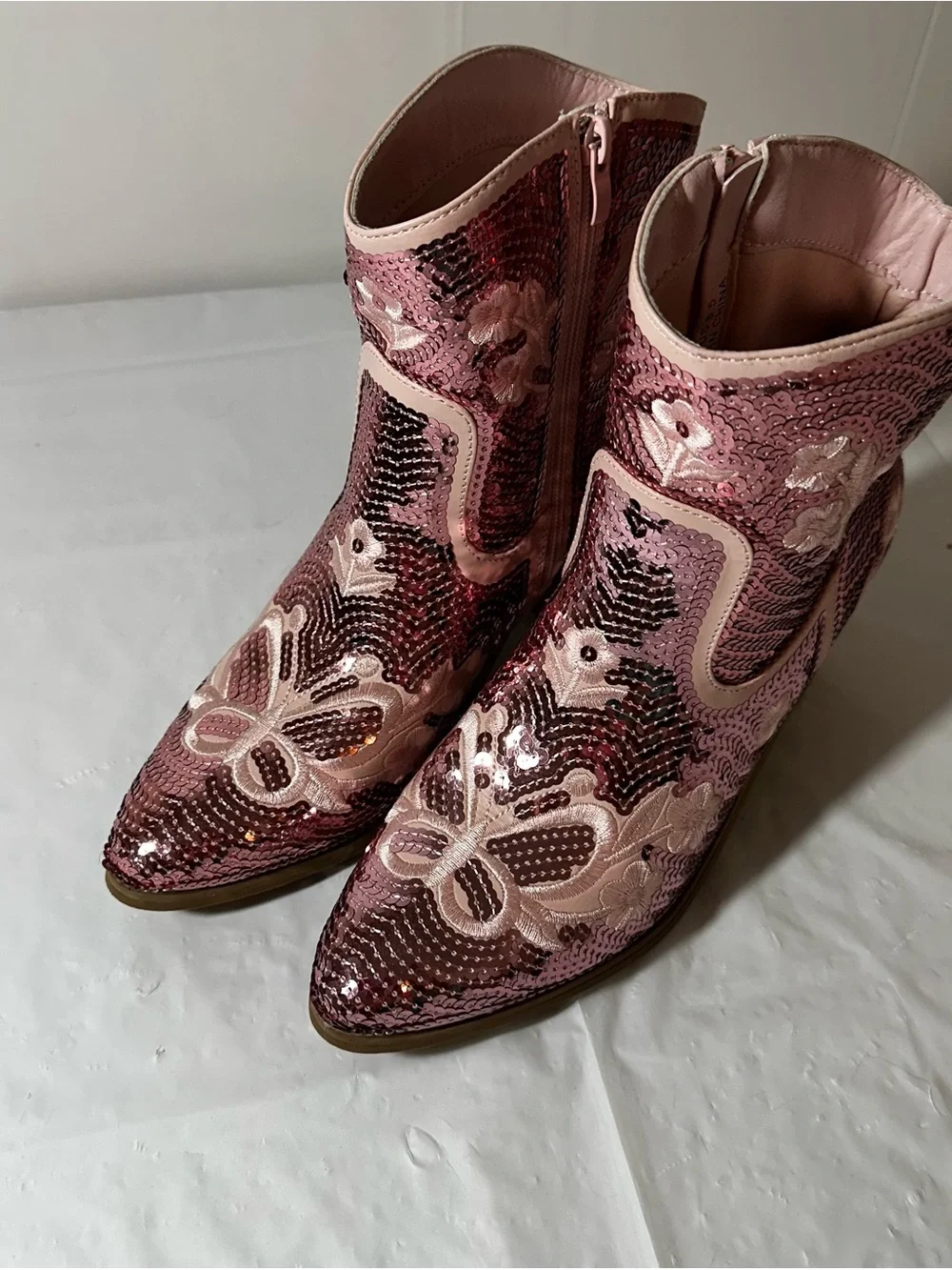 Pink Unique Sequin Western Ankle Boots for Women 8.5